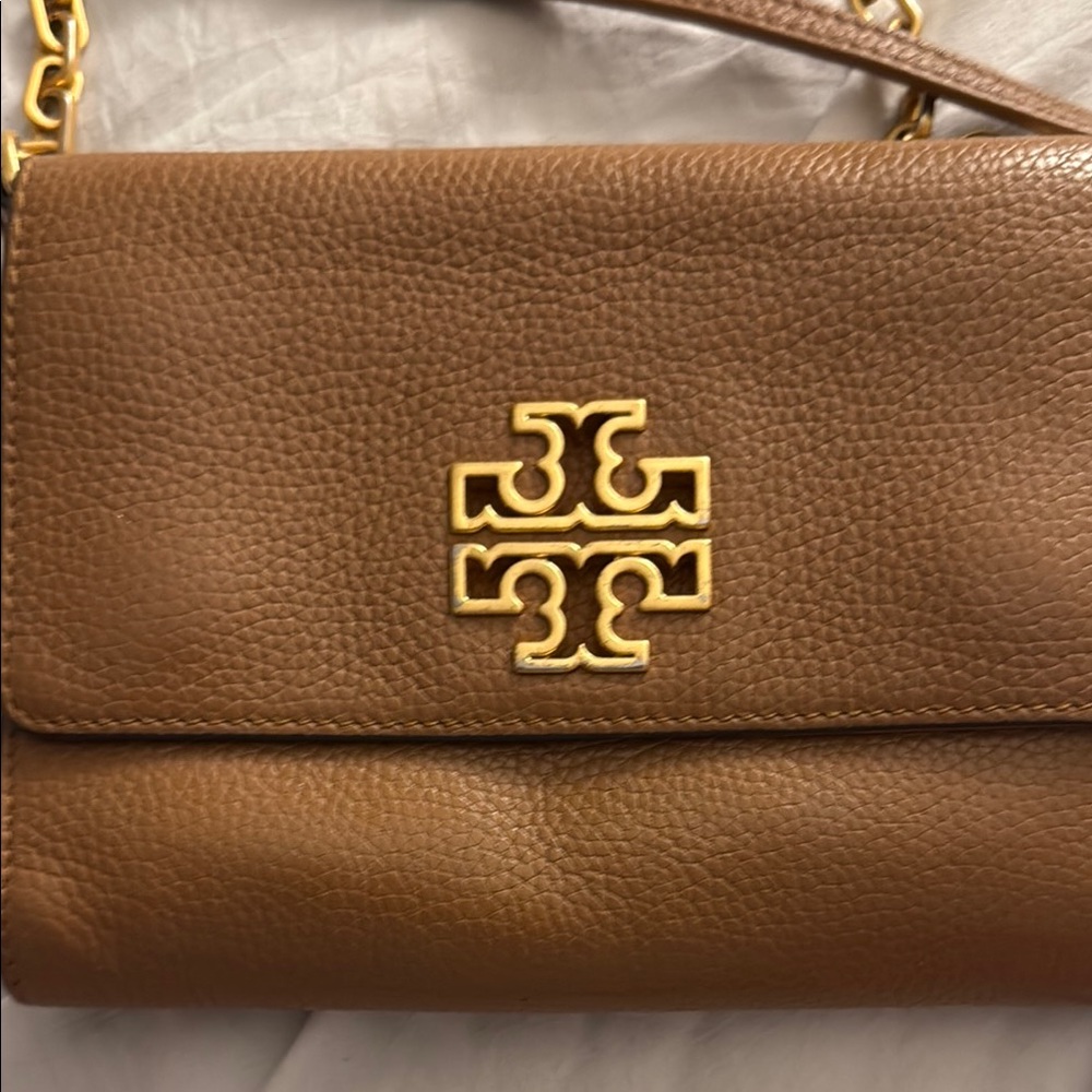 Tory Burch Gold Brown Crossbody Bag Pebbled Leather